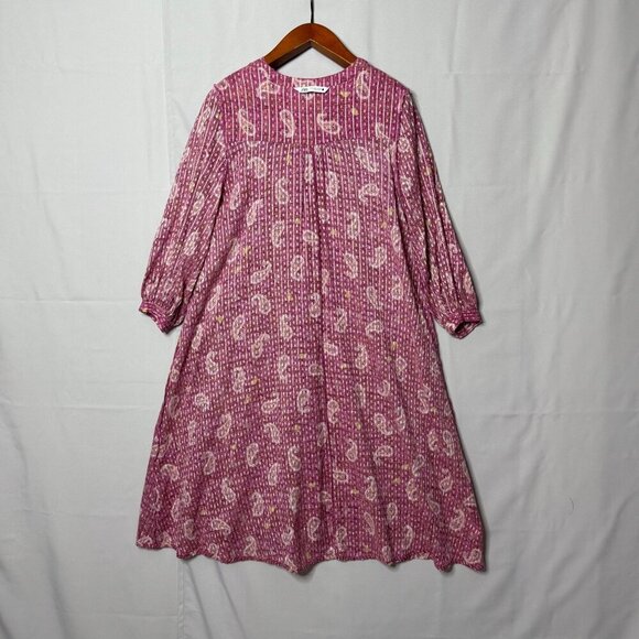 Zara Pink Paisley Cotton V Neck Ballon Sleeve A Line Kaftan Midi Dress Size M - Picture 12 of 13